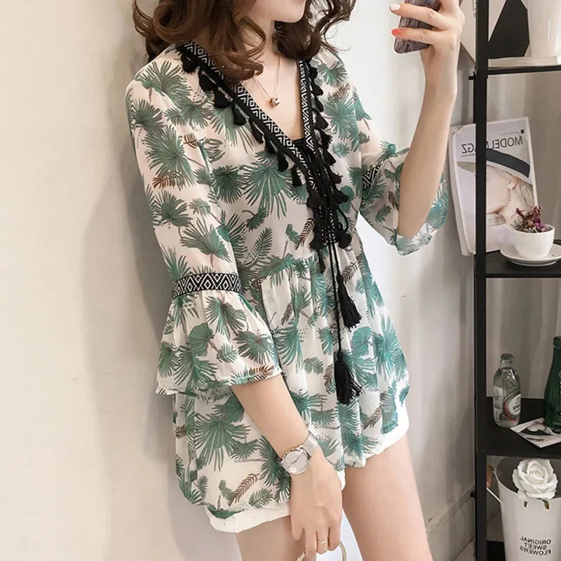 Uniwim Female Women Bohemian Chiffon Blouse Shirt Tassel Floral Printed Long Flare Sleeve Loose V Neck Tops