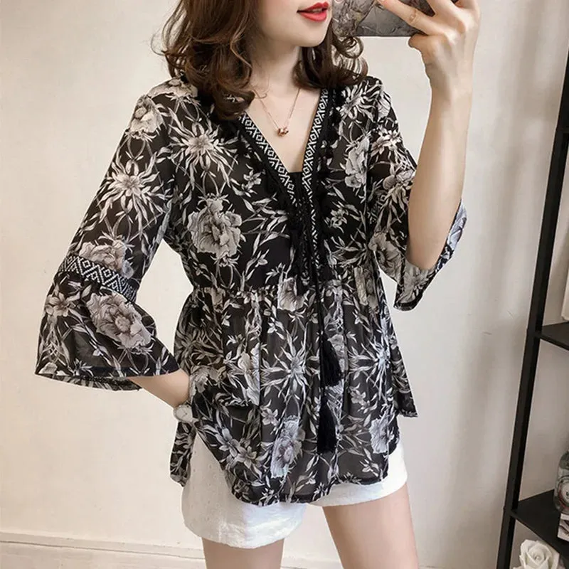 Uniwim Female Women Bohemian Chiffon Blouse Shirt Tassel Floral Printed Long Flare Sleeve Loose V Neck Tops