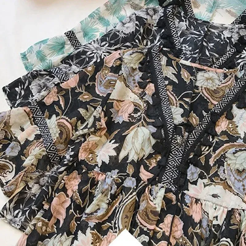 Uniwim Female Women Bohemian Chiffon Blouse Shirt Tassel Floral Printed Long Flare Sleeve Loose V Neck Tops
