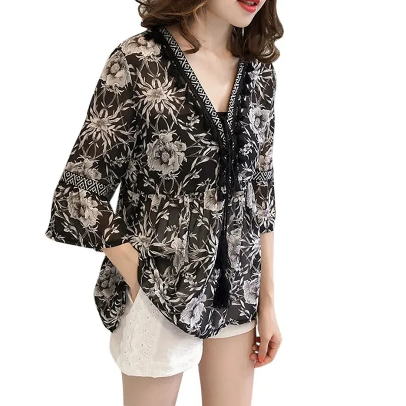 Uniwim Female Women Bohemian Chiffon Blouse Shirt Tassel Floral Printed Long Flare Sleeve Loose V Neck Tops