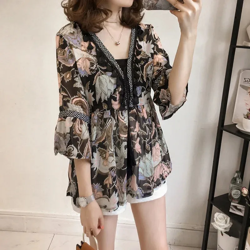 Uniwim Female Women Bohemian Chiffon Blouse Shirt Tassel Floral Printed Long Flare Sleeve Loose V Neck Tops