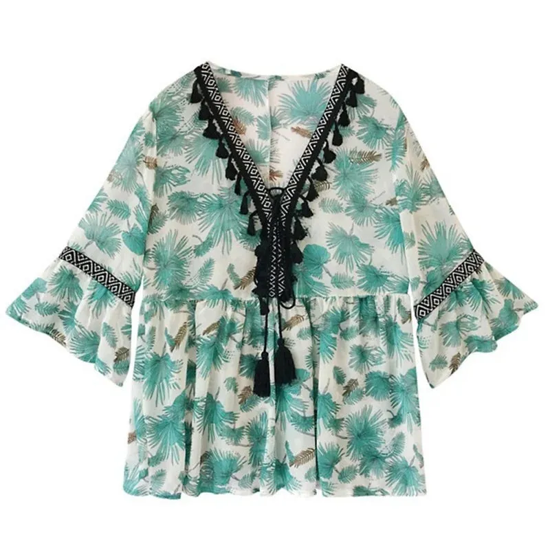 Uniwim Female Women Bohemian Chiffon Blouse Shirt Tassel Floral Printed Long Flare Sleeve Loose V Neck Tops