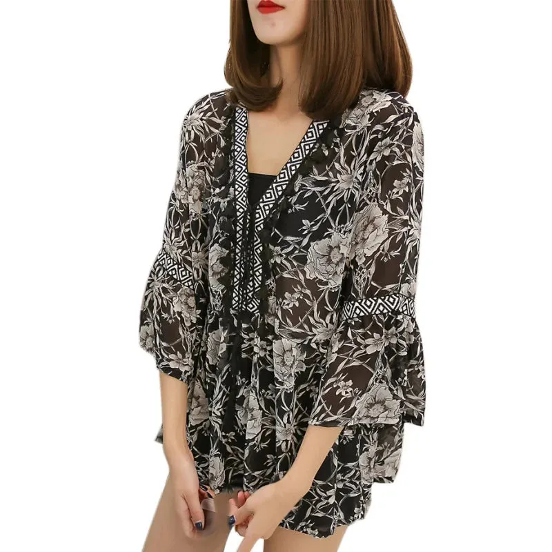 Uniwim Female Women Bohemian Chiffon Blouse Shirt Tassel Floral Printed Long Flare Sleeve Loose V Neck Tops
