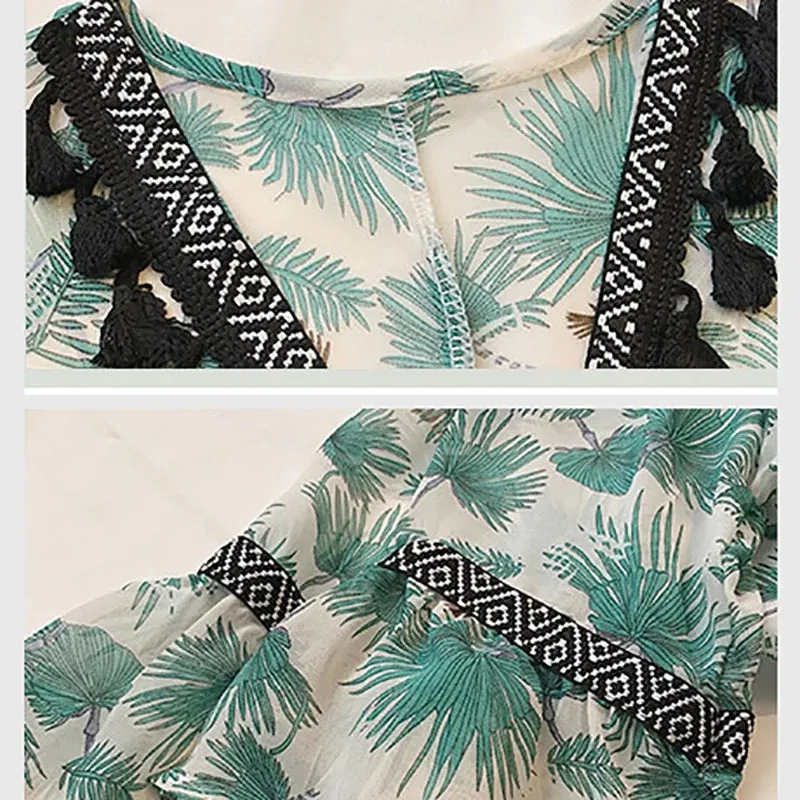 Uniwim Female Women Bohemian Chiffon Blouse Shirt Tassel Floral Printed Long Flare Sleeve Loose V Neck Tops