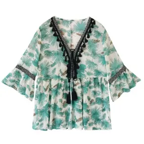 Uniwim Female Women Bohemian Chiffon Blouse Shirt Tassel Floral Printed Long Flare Sleeve Loose V Neck Tops