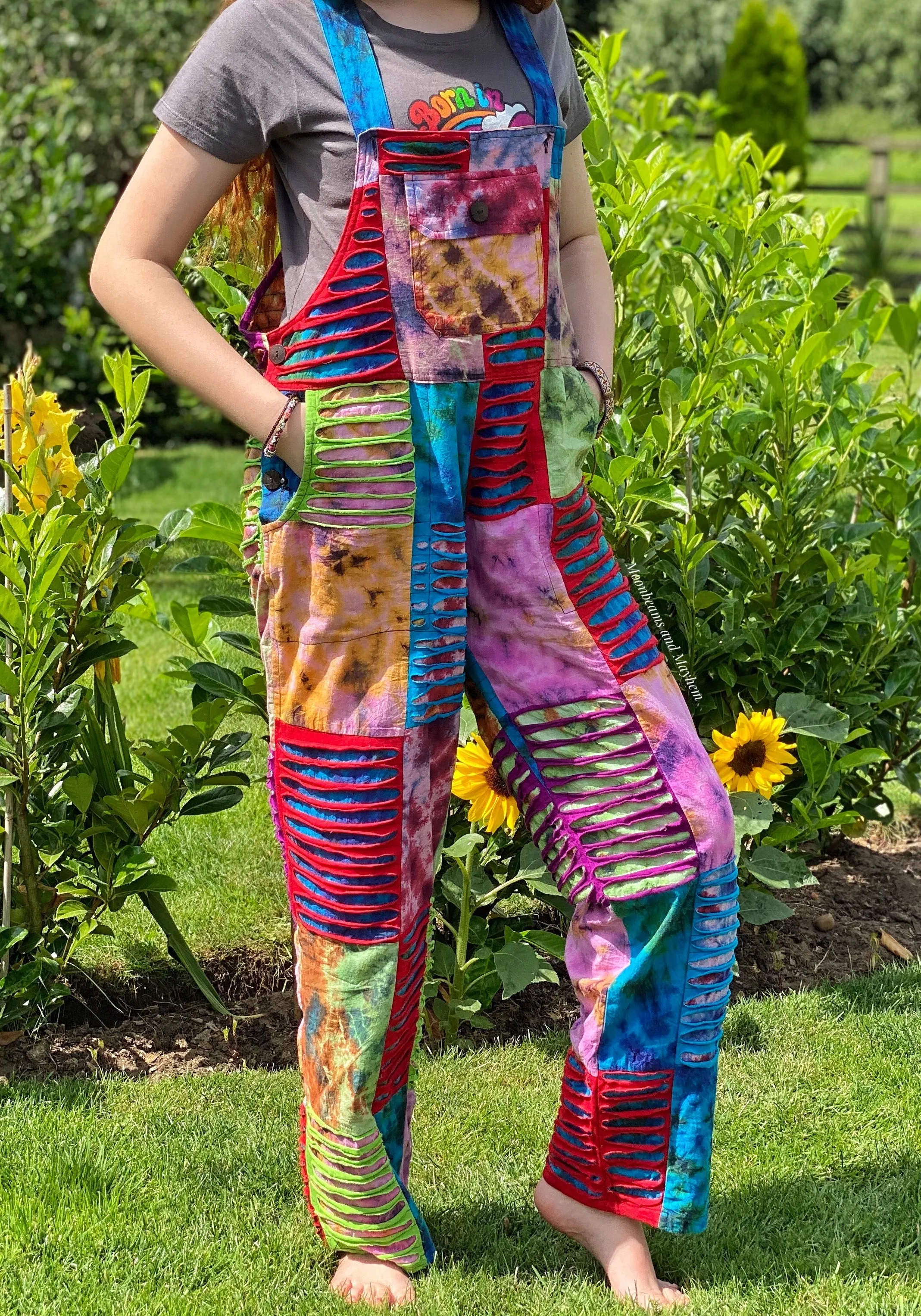 VIBRANT PATCHWORK OVERALLS / DUNGAREES / JUMPSUIT S / M / L