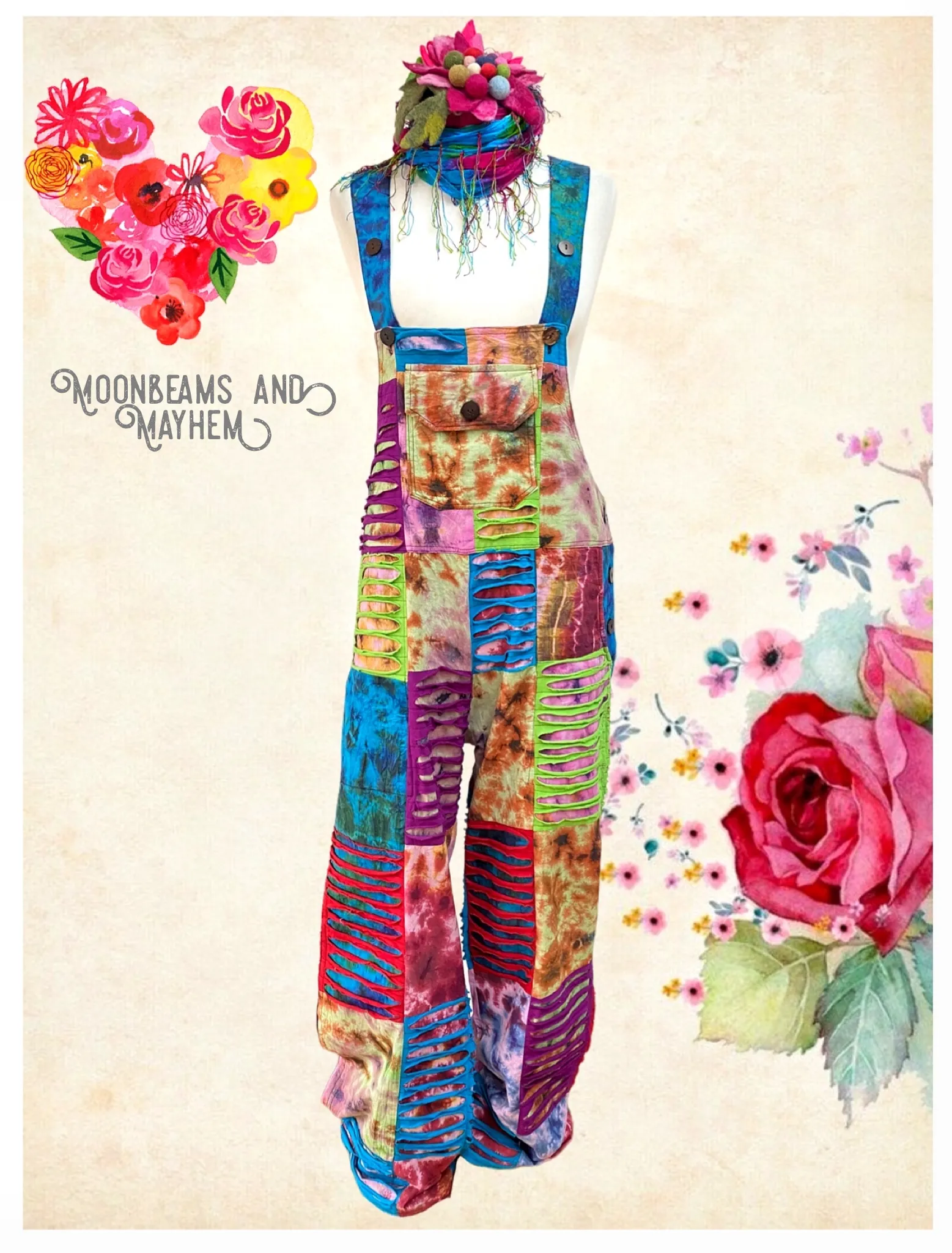 VIBRANT PATCHWORK OVERALLS / DUNGAREES / JUMPSUIT S / M / L