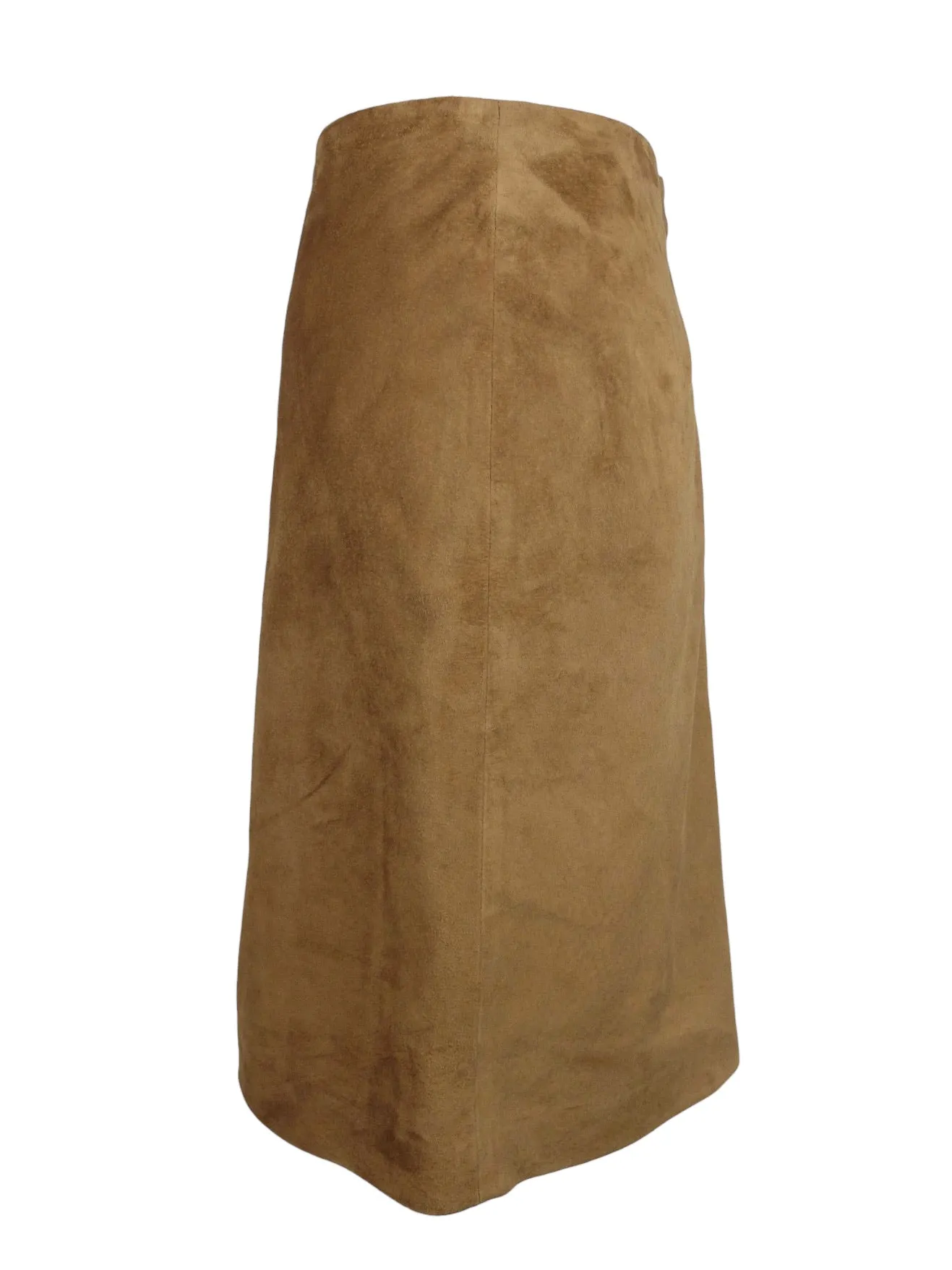 Vintage 90s Y2K Tan Brown Suede Leather High Waisted Below-the-Knee A-Line Midi Skirt | 29 Inch Waist