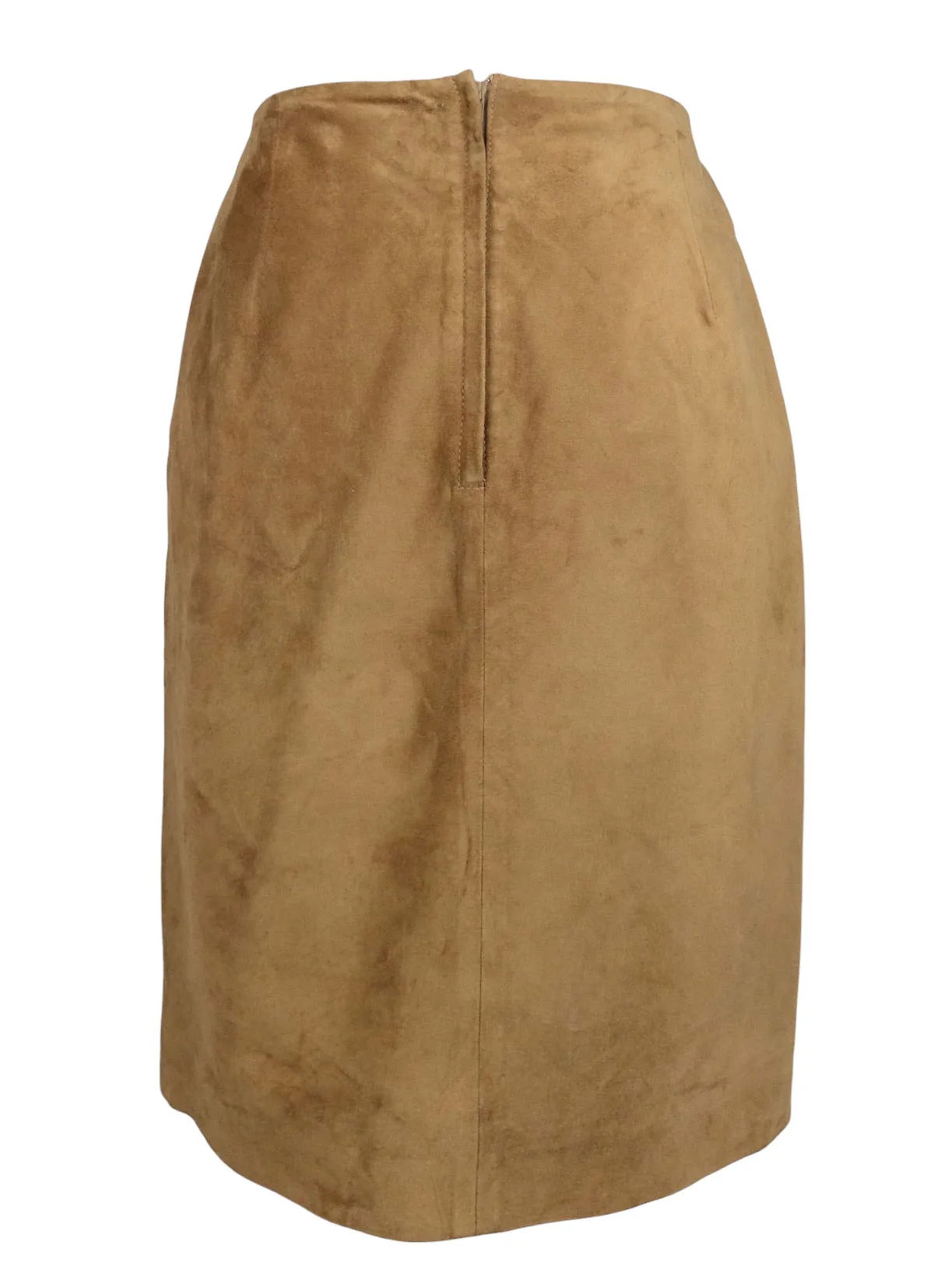Vintage 90s Y2K Tan Brown Suede Leather High Waisted Below-the-Knee A-Line Midi Skirt | 29 Inch Waist