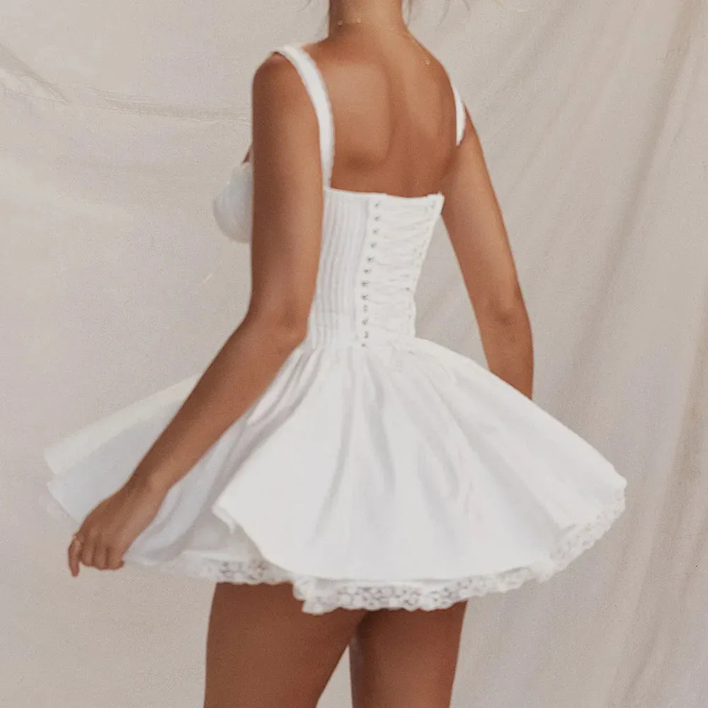 White Sexy Crochet Mini Lace Pleated Sleeveless Prom Dress