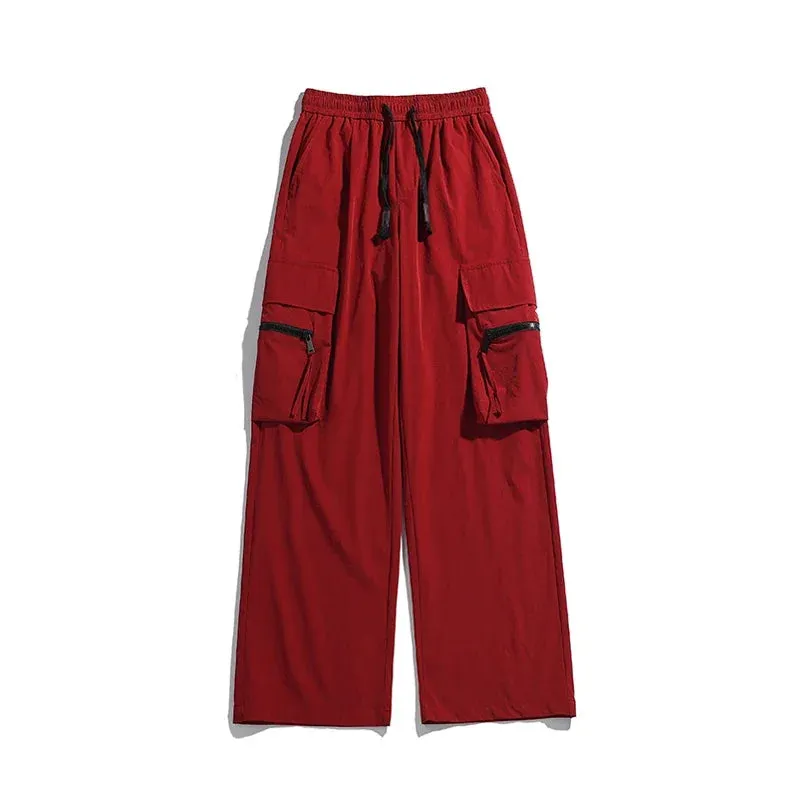Wiaofellas  -  Harajuku Red Wide Leg Pants Men Zip Oversize Pockets Trousers High Street Style Sweatpants Unisex Y2K Streetwear Fashion