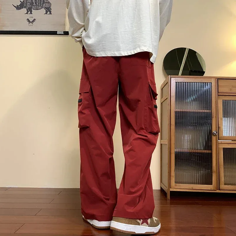 Wiaofellas  -  Harajuku Red Wide Leg Pants Men Zip Oversize Pockets Trousers High Street Style Sweatpants Unisex Y2K Streetwear Fashion