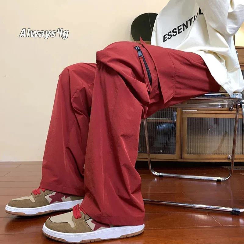 Wiaofellas  -  Harajuku Red Wide Leg Pants Men Zip Oversize Pockets Trousers High Street Style Sweatpants Unisex Y2K Streetwear Fashion