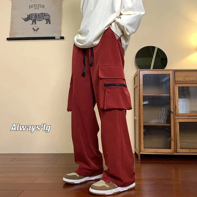 Wiaofellas  -  Harajuku Red Wide Leg Pants Men Zip Oversize Pockets Trousers High Street Style Sweatpants Unisex Y2K Streetwear Fashion
