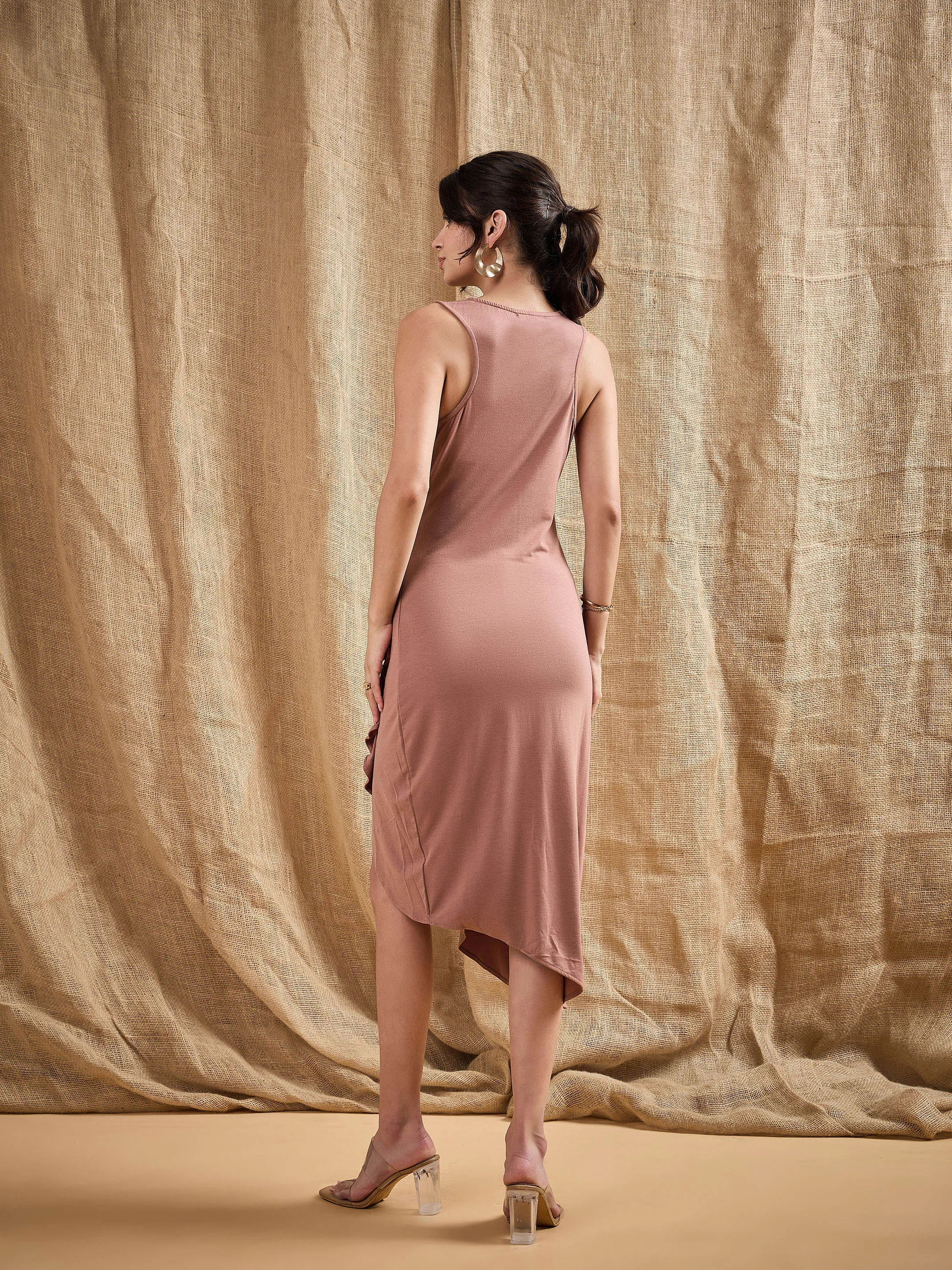 Women Brown Box Back Cascade Ruffle Midi Dress